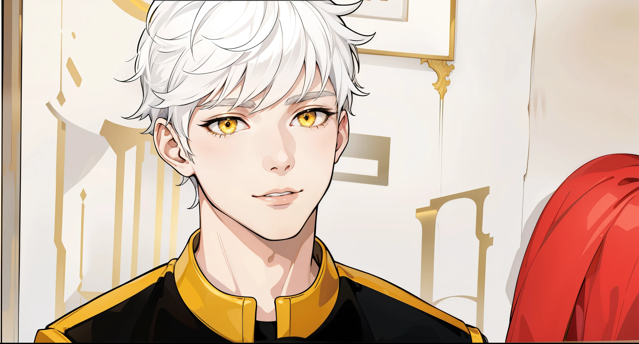 Beautiful 17 year old man, white hair, yellow eyes, black clothes, he is talking to a girl, he has a metallic gold shirt collar, metallic gold shoulders.