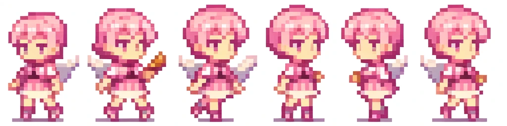 the very same person character chips , masterpiece , best quality , pixel , pixel art , xiangsu , xiang su , sequence frames , walking, oblique view , 1 girl , fantasy clothes , full body , white background , heroine , deformed , sexy , chibi , Highly Exposed , angel , pink clothes , pink hair , walking frame , put out one's left foot , put out one's right foot