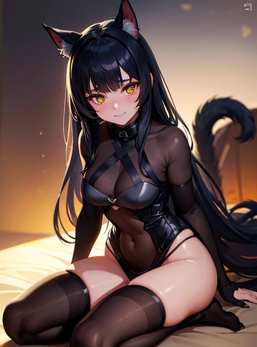 1girl, solo, catgirl, yellow eyes, dark gray cat ears, dark gray fluffy cat tail, medieval attire, sitting, smiling, (best quality, 4k, 8k, highres, masterpiece:1.2), ultra-detailed, (realistic, photorealistic, photo-realistic:1.37), HDR, UHD, studio lighting, ultra-fine painting, sharp focus, physically-based rendering, extreme detail description, professional, vivid colors, fantasy, portrait