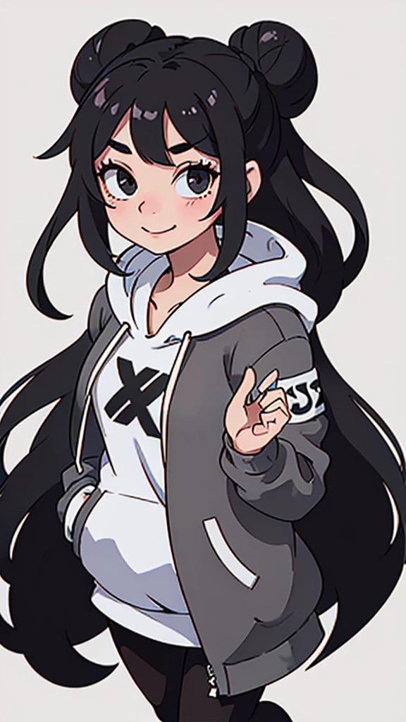 cute girl with long black hair in a bun wearing an oversized grey hoodie smiling shyly. White background. fullbody. no clipping.