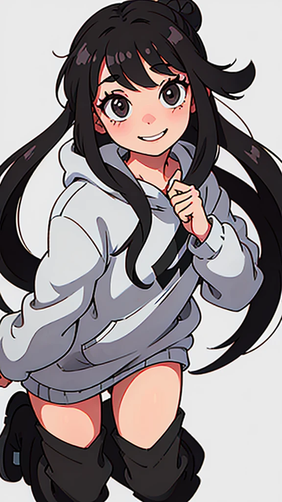 cute girl with long black hair in a bun wearing an oversized grey hoodie smiling shyly. White background. fullbody. no clipping.