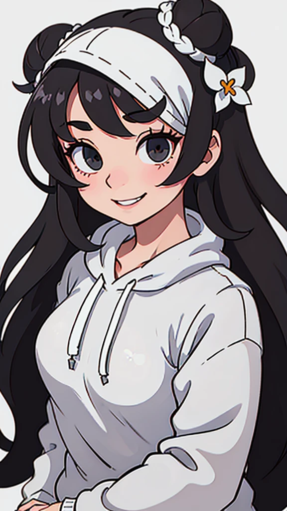 cute girl with long black hair in a bun wearing an oversized grey hoodie smiling shyly. White background. fullbody. no clipping.