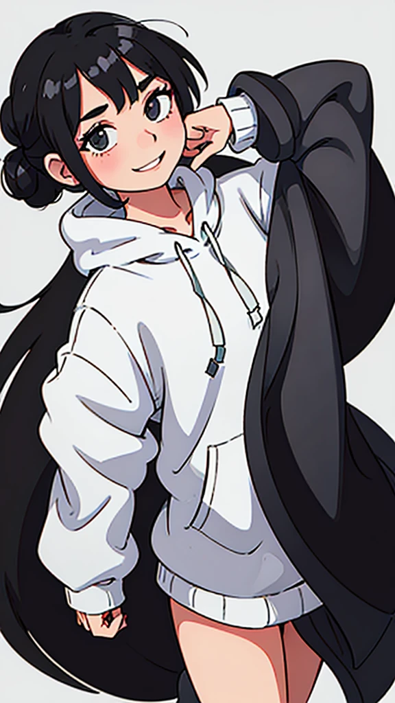 cute girl with long black hair in a bun wearing an oversized grey hoodie smiling shyly. White background. fullbody. no clipping.