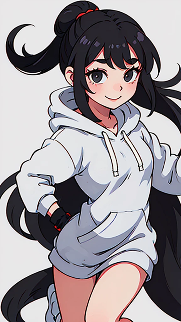 cute girl with long black hair in a bun wearing an oversized grey hoodie smiling shyly. White background. fullbody. no clipping.