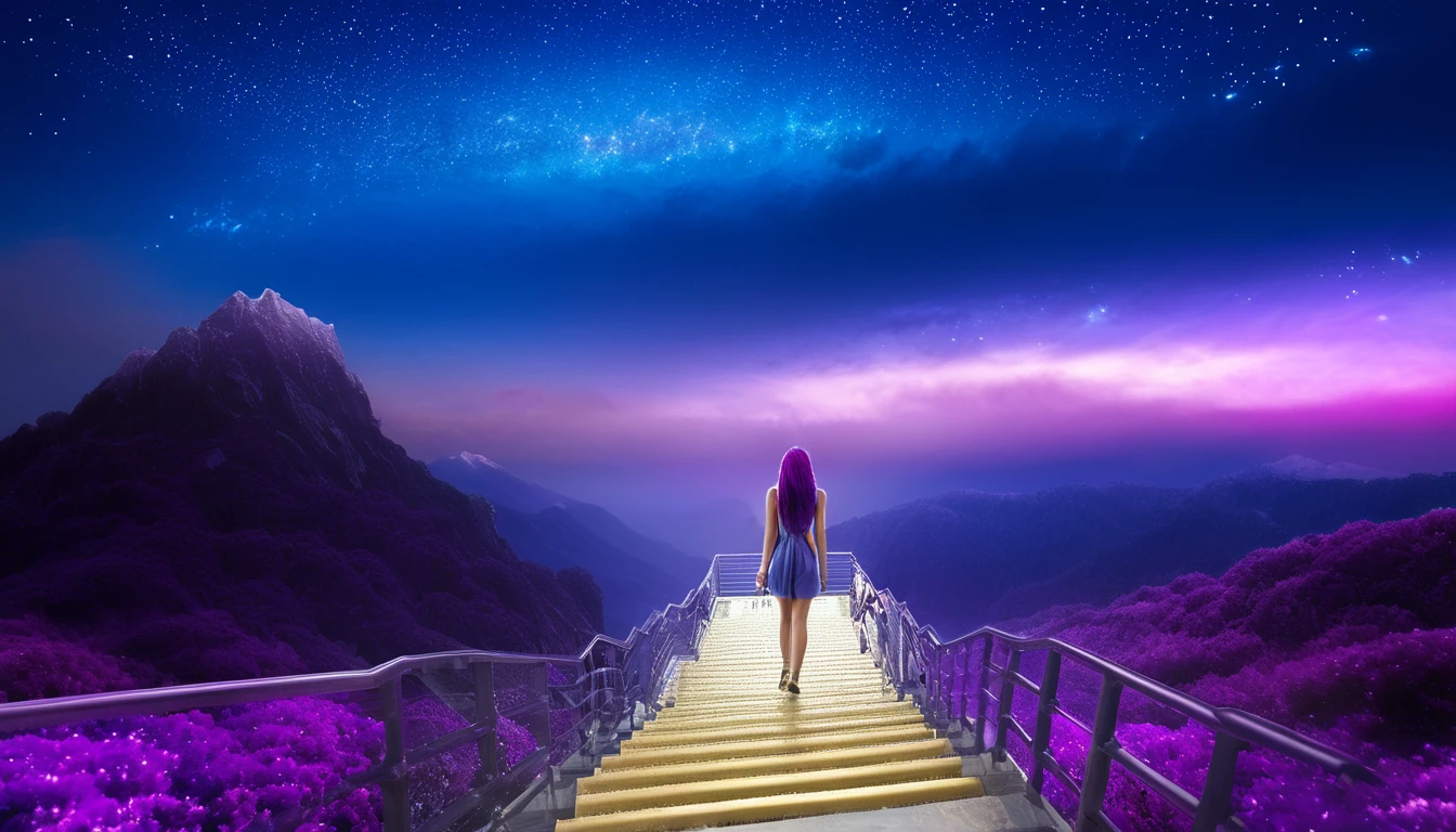 hdr, best image, 8k, image in dark neon blue, and violet, A BEAUTIFUL WOMAN, seen from behind, LONG purple HAIR, Wide ramp of steps, of white ivory and gold, descending, TOWARDS THE INFINITY OF THE HEAVENS, stars of cosmos, universe, clouds. giant mountain