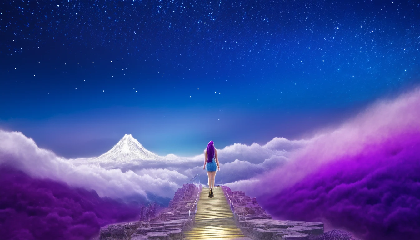 hdr, best image, 8k, image in dark neon blue, and violet, A BEAUTIFUL WOMAN, seen from behind, LONG purple HAIR, Wide ramp of steps, of white ivory and gold, descending, TOWARDS THE INFINITY OF THE HEAVENS, stars of cosmos, universe, clouds. giant mountain