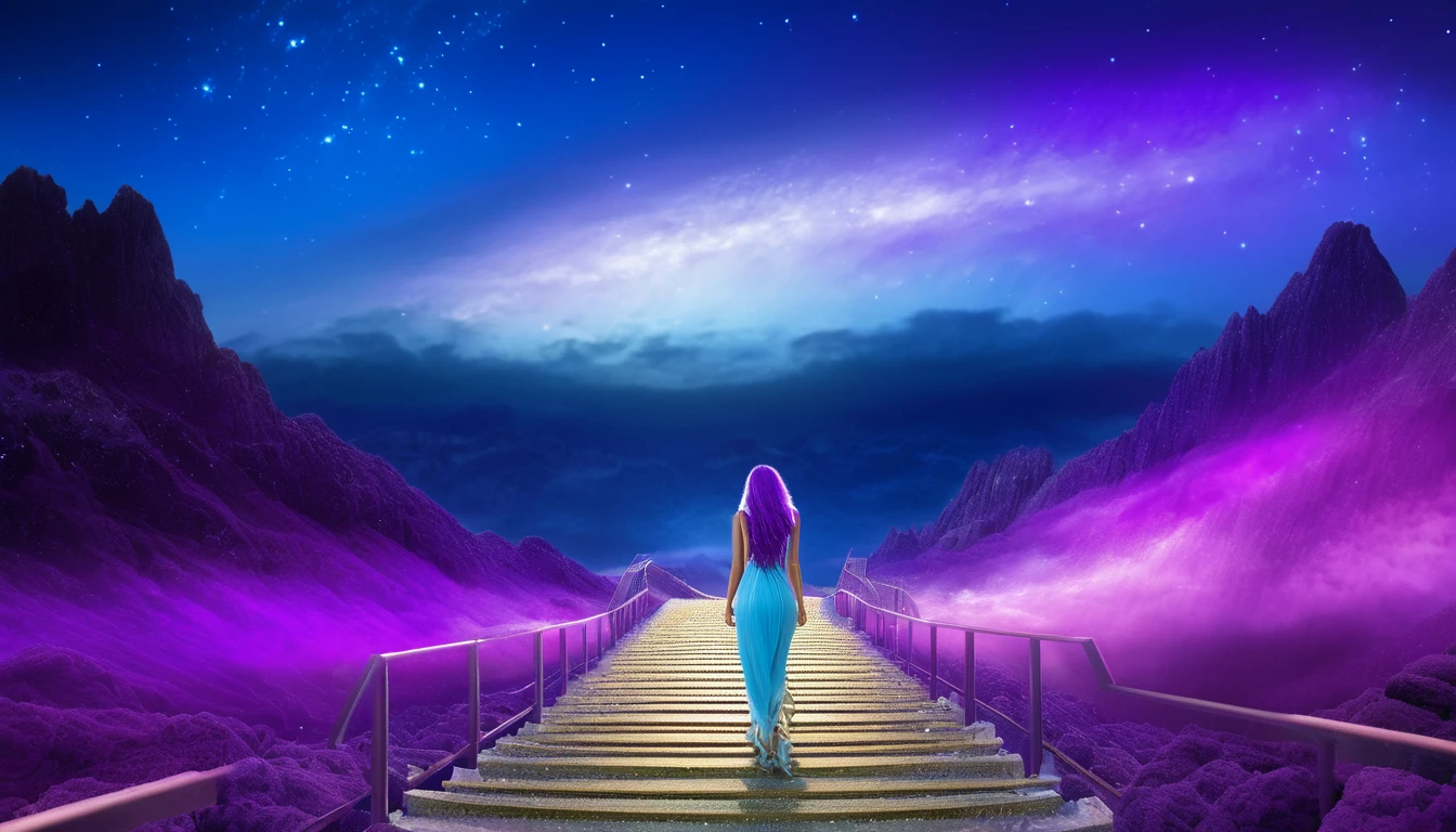 hdr, best image, 8k, image in dark neon blue, and violet, A BEAUTIFUL WOMAN, seen from behind, LONG purple HAIR, Wide ramp of steps, of white ivory and gold, descending, TOWARDS THE INFINITY OF THE HEAVENS, stars of cosmos, universe, clouds. giant mountain