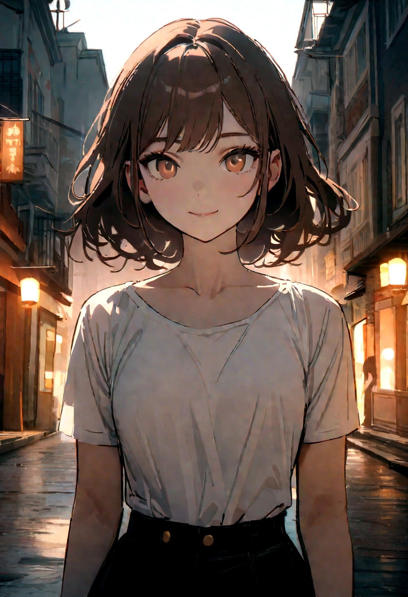 RAW photos, camera gaze, ((top quality, 8k, masterpiece: 1.3)), sharp focus: 1.2, white shirt, pretty features, best smile, cute smile, beautiful woman in perfect style: 1.4, slender abs: 1.2, dark brown hair, (natural light, city street: 1.1), highly detailed face and skin texture, detailed eyes, double eyelids