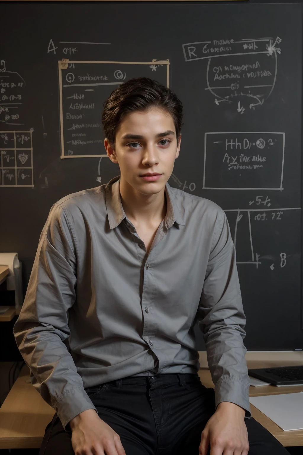 A beautiful young twink, cute male, with black hair and a face with makeup. He is wearing a long-sleeved aquamarine shirt and black jeans. He is in his luxurious scientific office, and behind him is a blackboard with neurons and calculus written on it, and he looks in amazement and shock with his eyes beneath it. Dark circles, and he has an innocent face and looks proudly as he sits in his office studying human medicine