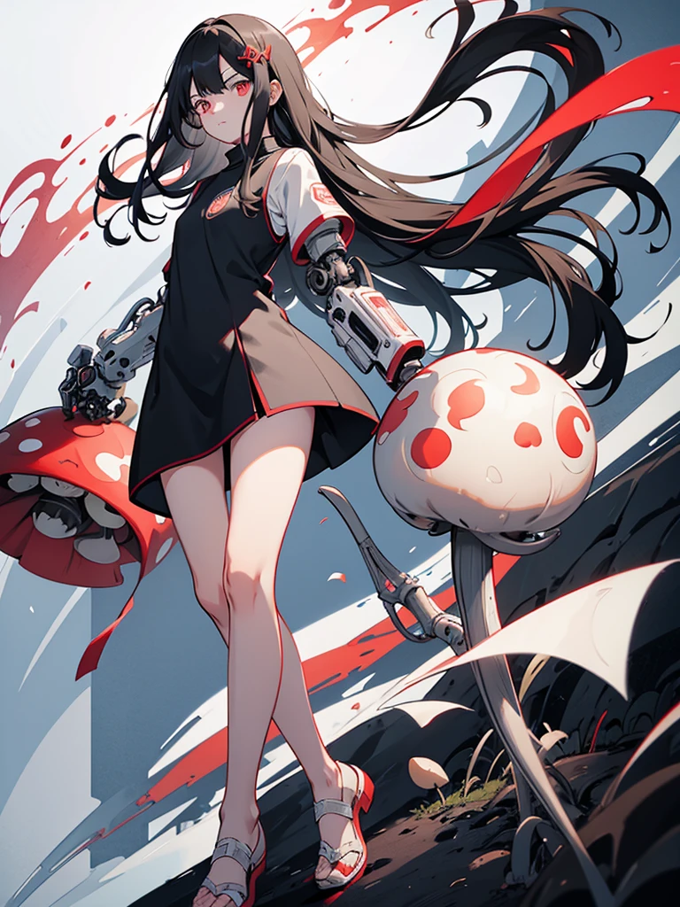 long hair, mushroom hair, black hair, Red eye, white dress, full body, mechanical right arm, mechanical left leg