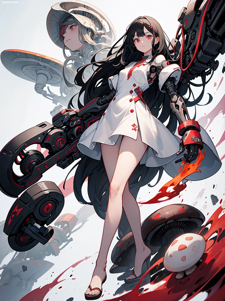 long hair, mushroom hair, black hair, Red eye, white dress, full body, mechanical right arm, mechanical left leg