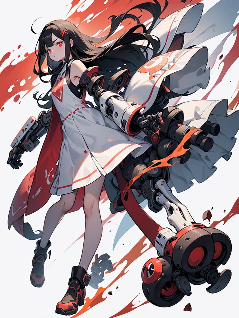 long hair, mushroom hair, black hair, Red eye, white dress, full body, mechanical right arm, mechanical left leg