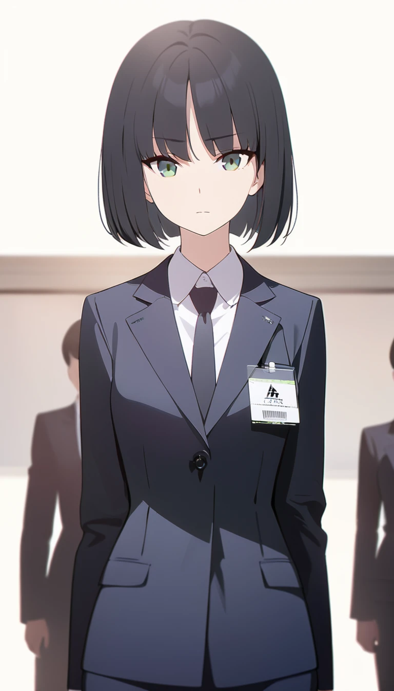 (masterpiece, high quality, best quality, highres,) One Woman, young, black hair, bob cut, Green Eyes, Athletic build, expressionless, closed mouth, office staff suit, Simple white background, standing, cowboy shot, (from the front)