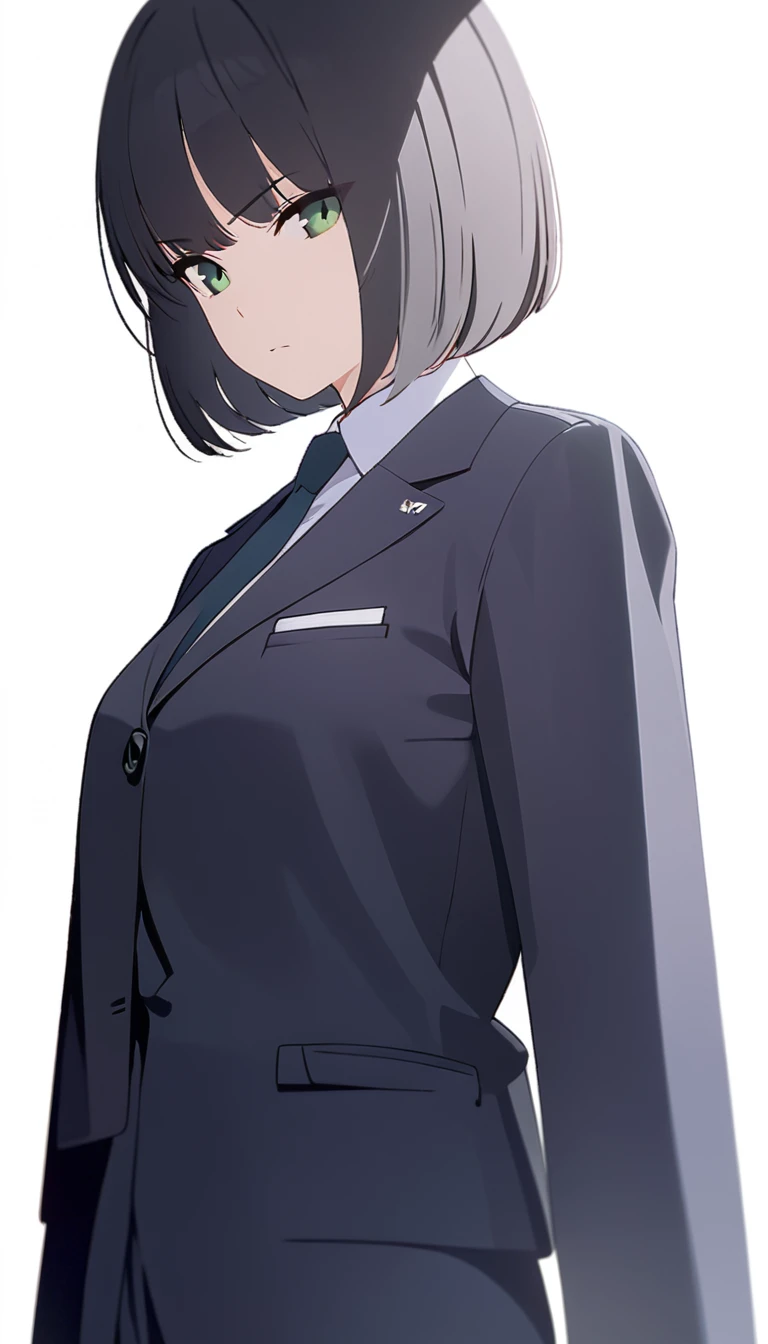 (masterpiece, high quality, best quality, highres,) One Woman, young, black hair, bob cut, Green Eyes, Athletic build, expressionless, closed mouth, office staff suit, Simple white background, standing, cowboy shot, (from the front)