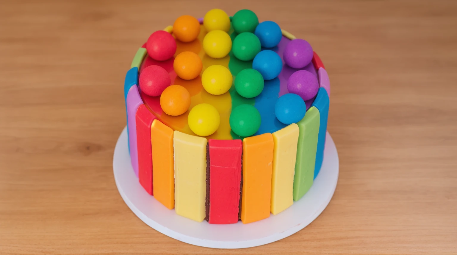 on a wooden table, on a white porcelain plate, a tiny cake, the walls of the cake are made of multi-colored chocolate bars, on top are multi-colored cream stripes, multi-colored candies in the form of balls, bright lights, soft light, window light, professional lighting, light from the window, neat light, realistic texture, realistic style, detailed texture, high quality, high resolution, high quality rendering, realistic photo, brightning light, macro photo
