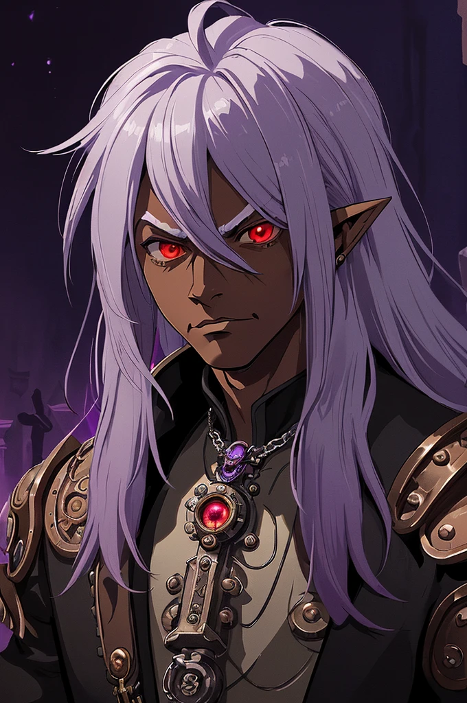((best quality)), ((masterpiece)), (detailed), ((boy)), ((mix between dungeonpunk and steampunk)), (serious), dark skinned, human, upper body, portrait, red eyes, long white hair, Xemnas from Kingdom Hearts, half-drow, pointy ears, serious face, dramatic lighting, purple hue, art by Kinema Citrus and Tetsuya Nomura