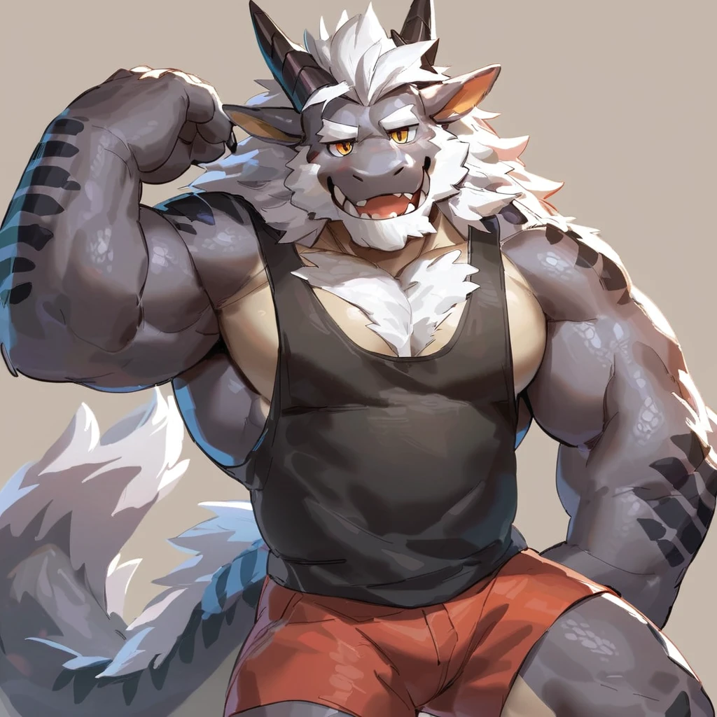 Cat, good looking, male, anthro, shorts, ultradetailed, muscular, solo, bareness, rippling muscles, muscles, simple background, white background, tail, cap, obscured eyes, smile, sleeveless shirt, two-tone fur, sharp teeth,MASSIVE THORBING BULGE