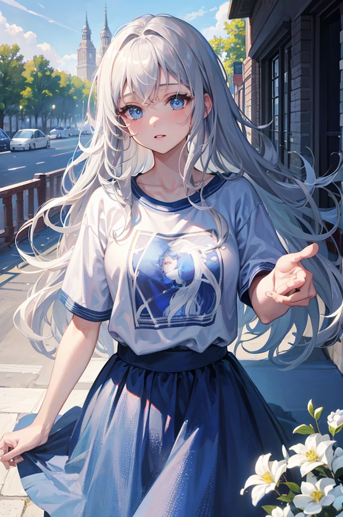Wavy Hair、８K, Highest quality, masterpiece, Ultra-detailed、Silver Hair、Medium Hair、full lips、Blue Eyes、１８Year-old beauty、Portrait、intersection、T-Shirts、