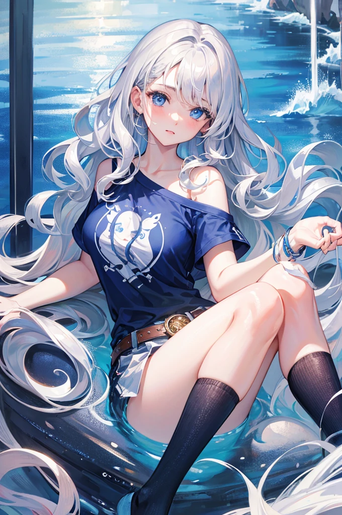 Wavy Hair、８K, Highest quality, masterpiece, Ultra-detailed、Silver Hair、Medium Hair、full lips、Blue Eyes、１８Year-old beauty、Portrait、intersection、T-Shirts、