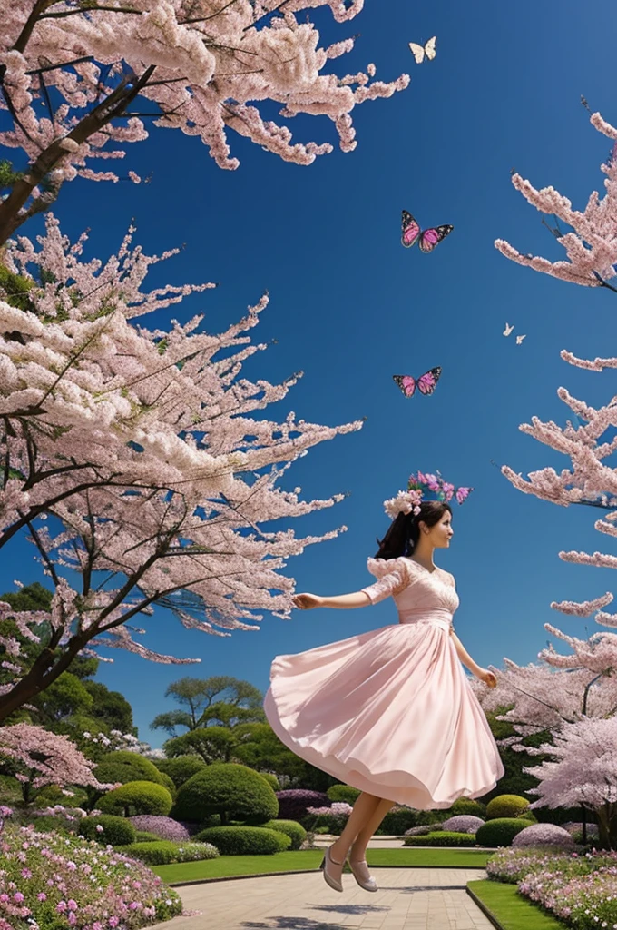 In a beautiful garden,See a princess flying low like a butterfly,Butterflies of various sizes and colors can be seen surrounding the princess,Emphasized this situation。action、space、Form and interweaving。Cherry blossoms