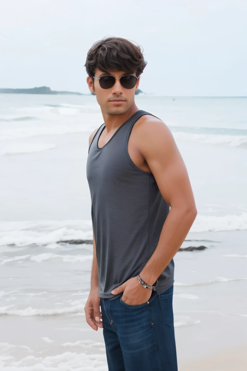 Change the background to a beach with some enhanced photo