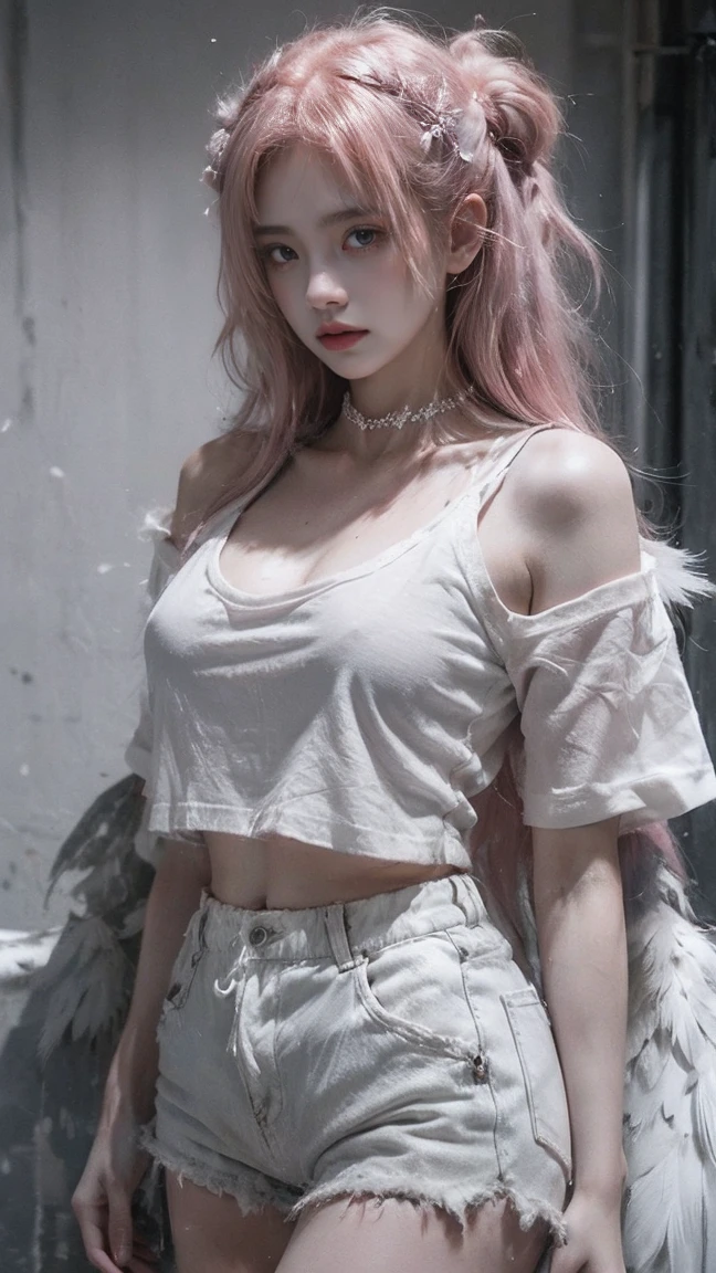 21yo girl,pink hair,long hair, wearing oversize white t-shirt, hot pants,has white wings on her back natural medium breast, show big thigh, plump body,single sidelock hairpin blush modern cinematic lighting,ray tracing,drop shadow wide shot UHD,textured skin,high details,best quality 4K