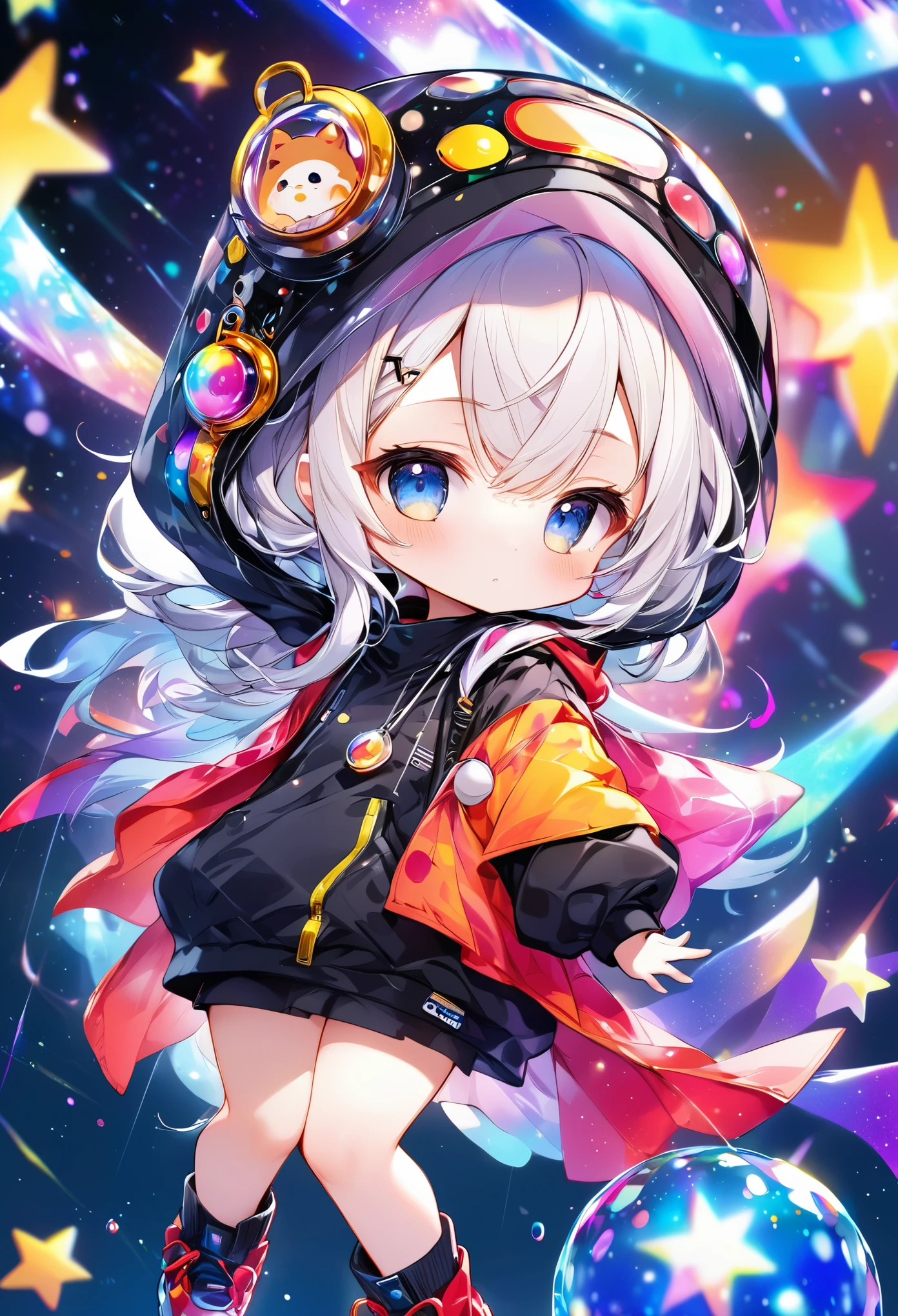 best quality, incredibly absurdres, extremely detailed, 2.5D, delicate and dynamic, chibi, cute girl, wearing baggy clothes, sparkly and vivid color effects, background another dimension