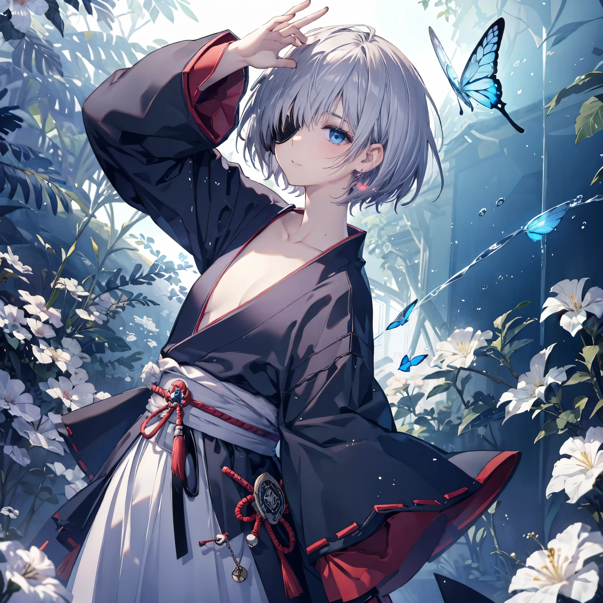 (((1 person Put on an eye patch Gray Hair))) ((High resolution short hair Black kimono Red point Shoulder Rin々Funny face knifeを構える)) ((Black Band samurai Lonely despair blue eyes Close-up)) ((Blue Butterfly night Japanese style old Shining Aura garden water surface Catch the wind)) (dance 日本knife knife Slashing) 月night moonlight star Draw your sword Shining Background Shining Edge
