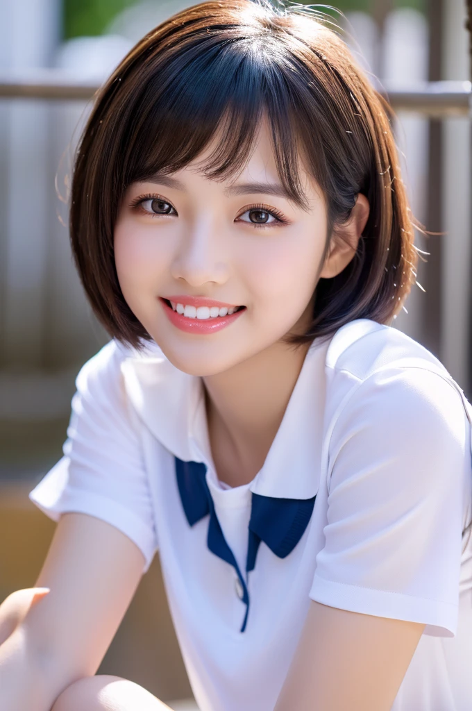 (highest quality、Tabletop、8k、Best image quality、Award-winning works)、(One Girl, 18-year-old:1.3)、(The perfect white sleeveless blouse 1.2)、Digital SLR,Front view,Esbian all over(Red eyeshadow:1.2)、Perfect Makeup、Long eyelashes、Ultra high definitionの輝く目、Ultra HD Hair、Ultra high resolution shiny lips、Ultra High Resolution Perfect Teeth、Ultra HD cute face、Black Hair、(Very short straight hair:1.1)、Look at me and smile、[clavicle]、Accurate anatomy, Real Harajuku 1.:2、(The most atmospheric and warm lighting:1.2)、Highest quality realistic background、With bangs、Ultra high definition, Shiny, Moisturized face、Ultra high definition, Glowing Skin、Snow-white skin,The most detailed face、Super high resolution detailed faces、ultra high resolution hair、Ultra-high resolution shining eyes、Beautiful face drawn in every detail、Ultra High Resolution Shiny Red Lips,(school uniform:1.2), (Short sleeve with skirt), Sitting on a chair,