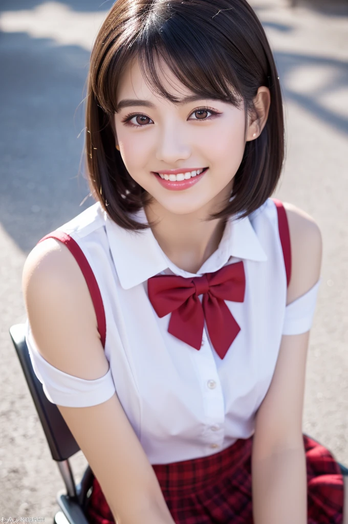 (highest quality、Tabletop、8k、Best image quality、Award-winning works)、(One Girl, 18-year-old:1.3)、(The perfect white sleeveless blouse 1.2)、Digital SLR,Front view,Esbian all over(Red eyeshadow:1.2)、Perfect Makeup、Long eyelashes、Ultra high definitionの輝く目、Ultra HD Hair、Ultra high resolution shiny lips、Ultra High Resolution Perfect Teeth、Ultra HD cute face、Black Hair、(Very short straight hair:1.1)、Look at me and smile、[clavicle]、Accurate anatomy, Real Harajuku 1.:2、(The most atmospheric and warm lighting:1.2)、Highest quality realistic background、With bangs、Ultra high definition, Shiny, Moisturized face、Ultra high definition, Glowing Skin、Snow-white skin,The most detailed face、Super high resolution detailed faces、ultra high resolution hair、Ultra-high resolution shining eyes、Beautiful face drawn in every detail、Ultra High Resolution Shiny Red Lips,(school uniform:1.2), (Short sleeve with skirt), Sitting on a chair,