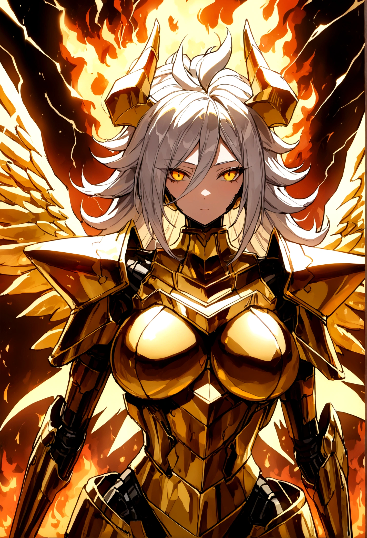 ((((Rasengan)))), ((Lightning Power)), ((Electricity)), ((Fire Background)), ((Lightning Storm)), ((Power Erupting)), ((((android 21)))), (((Evil Power))), (((white Coat))), (((Busty))), (((((Big breast:1,3)))), luxury bustier corset, (((silver hair))), (((Very slim waist))), propotional body, ((Gorgeous)), (((Fire Blazing Horns))), ((((gold wings))), masterpiece, hyperdetail, ambient effect, digital effect, (((Fire Gold Armor))), (((Lightning Gold Wings)))