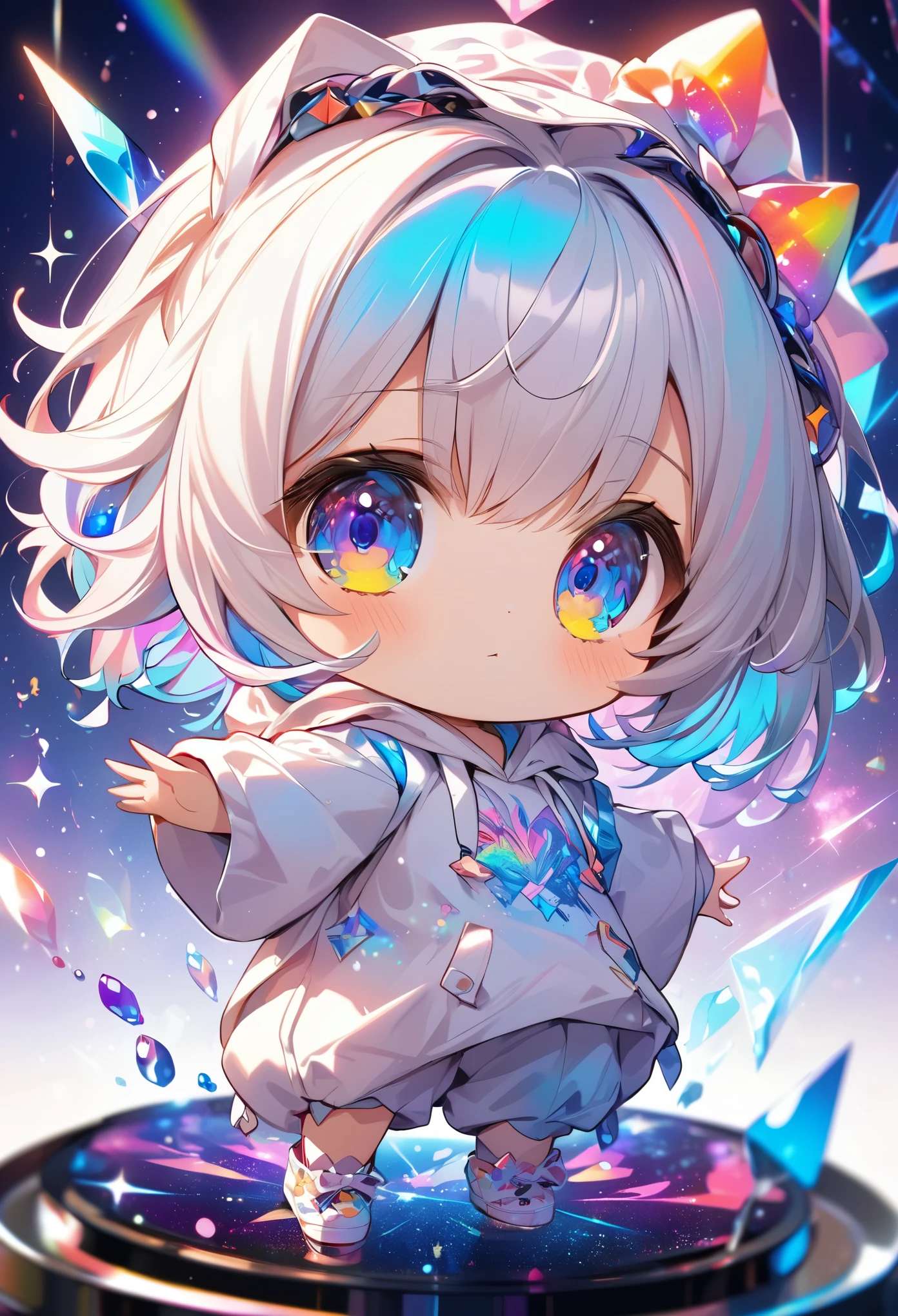 best quality, incredibly absurdres, extremely detailed, 2.5D, delicate and dynamic, chibi, cute girl, wearing baggy clothes, sparkly and vivid color effects, background another dimension
