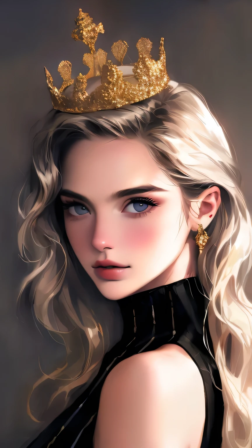 (8K, RAW Photos, 最high quality, masterpiece), 超High resolution, (Realistic, photo-Realistic), 1 Girl, emotionless, alone, Blonde long wavy hair, black eye, Professional Lighting, Detailed lighting, Backlight, Written boundary depth, Natural light, Sharp focus, Professional photography, Beautiful Eyes, Realistic eyes, Detailed Shadows, CG games, Cosplay, (Black and white striped leotard), Leotard with arm rings、exterior, Crown, masterpiece, 最high quality, high quality, High resolution、((Upper body portrait)))、The line of sight is this、sexy、Big Tits、Black and white striped leotard、View from behind、Upper body portrait