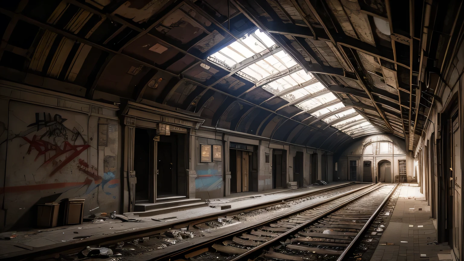 Dramatic lighting, chiaroscuro, a shanty town built in a Moscow Metro station, deserted, graffiti, rubble