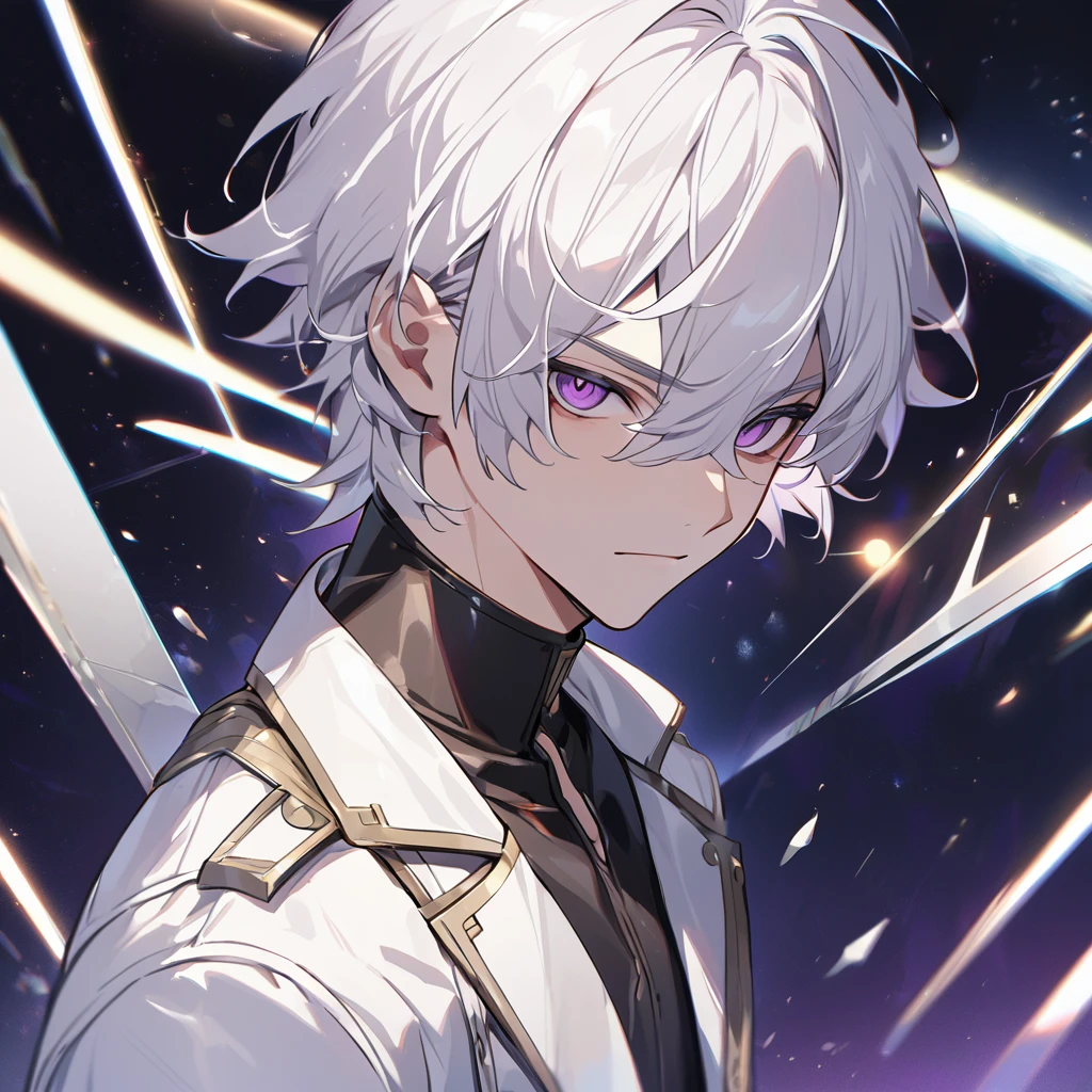 High quality, HD, 4k, no shadows, handsome male, 1male, 17 years old, teenager, golden lining, short white hair, sharp eyes, dark purple eyes, deep purple eyes, devil may cry, close up, calm expression, stoic expression, black leather clothes, white leather clothing, lean body, well trained body, upper body, looking at viewer, cowboy shot, white solar, space background