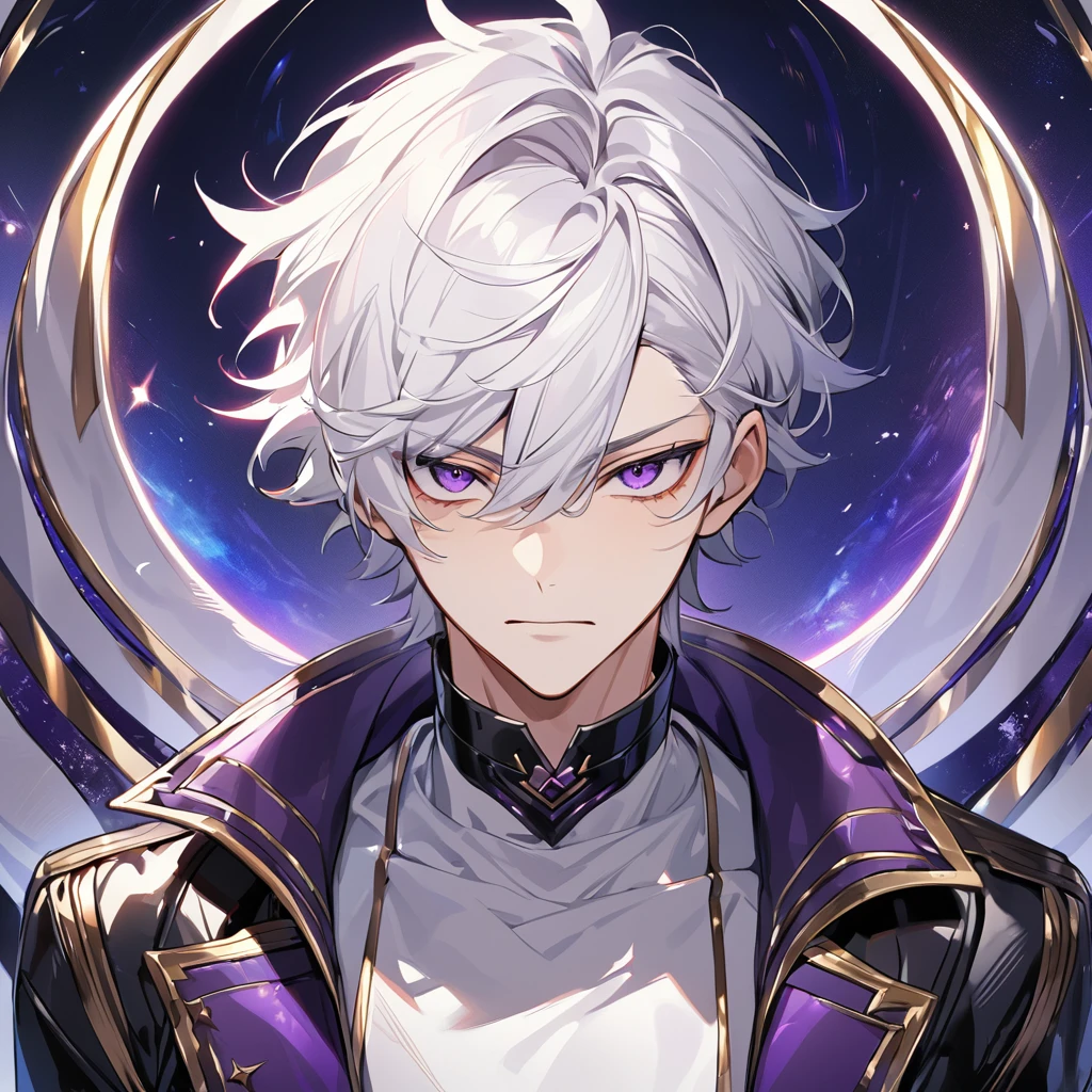 High quality, HD, 4k, no shadows, handsome male, 1male, 17 years old, teenager, golden lining, short white hair, sharp eyes, dark purple eyes, deep purple eyes, devil may cry, close up, calm expression, stoic expression, black leather clothes, white leather clothing, lean body, well trained body, upper body, looking at viewer, cowboy shot, white solar, space background