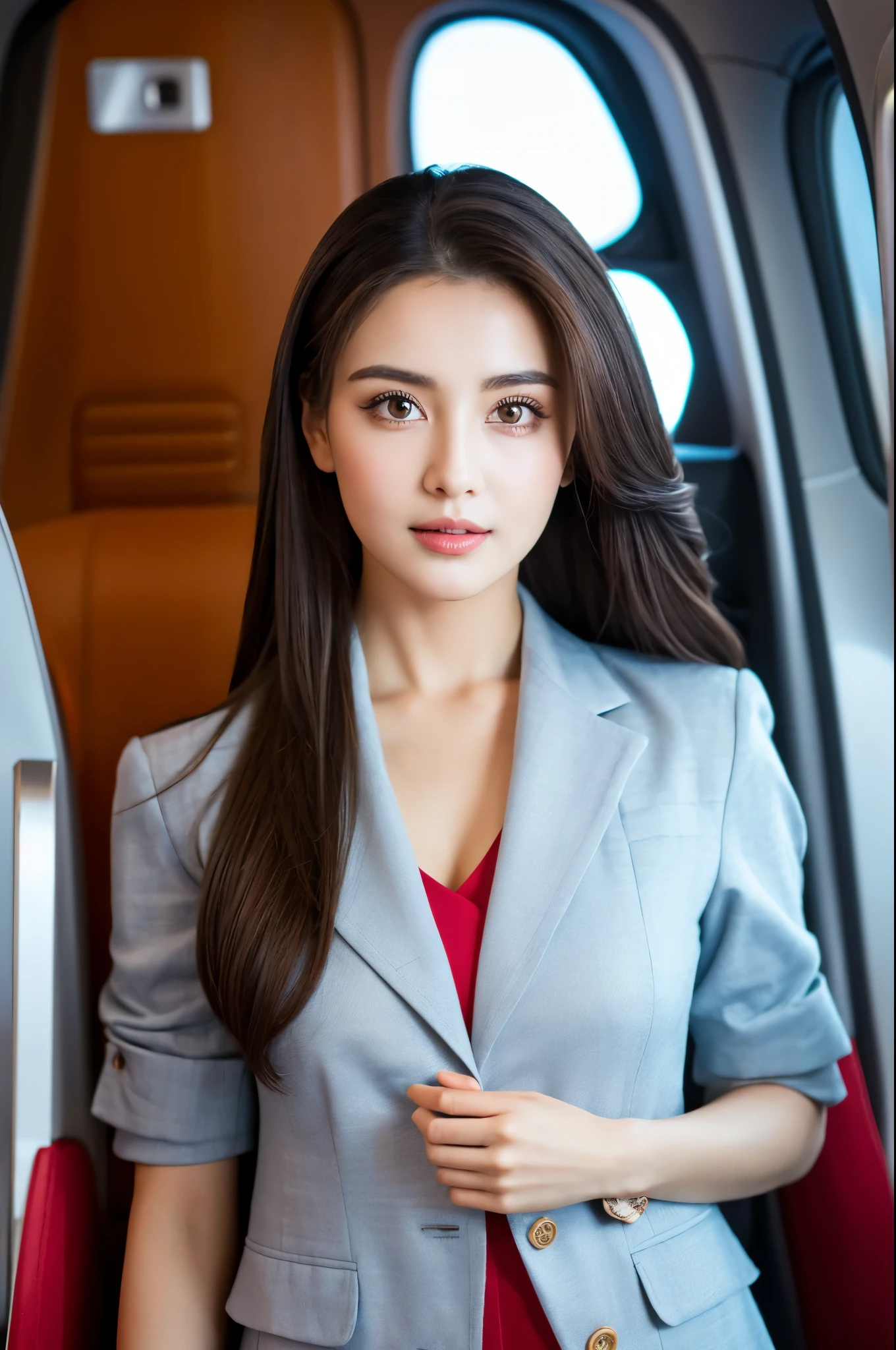 highest quality, masterpiece, 8K, ultra high resolution, (realistic: 1.4), 1 girl, beautiful face, symmetrical eyes, big, perfect body proportions, Stewardess, Viewer's line of sight, (On the plane: 1.2), beautiful feet,smile