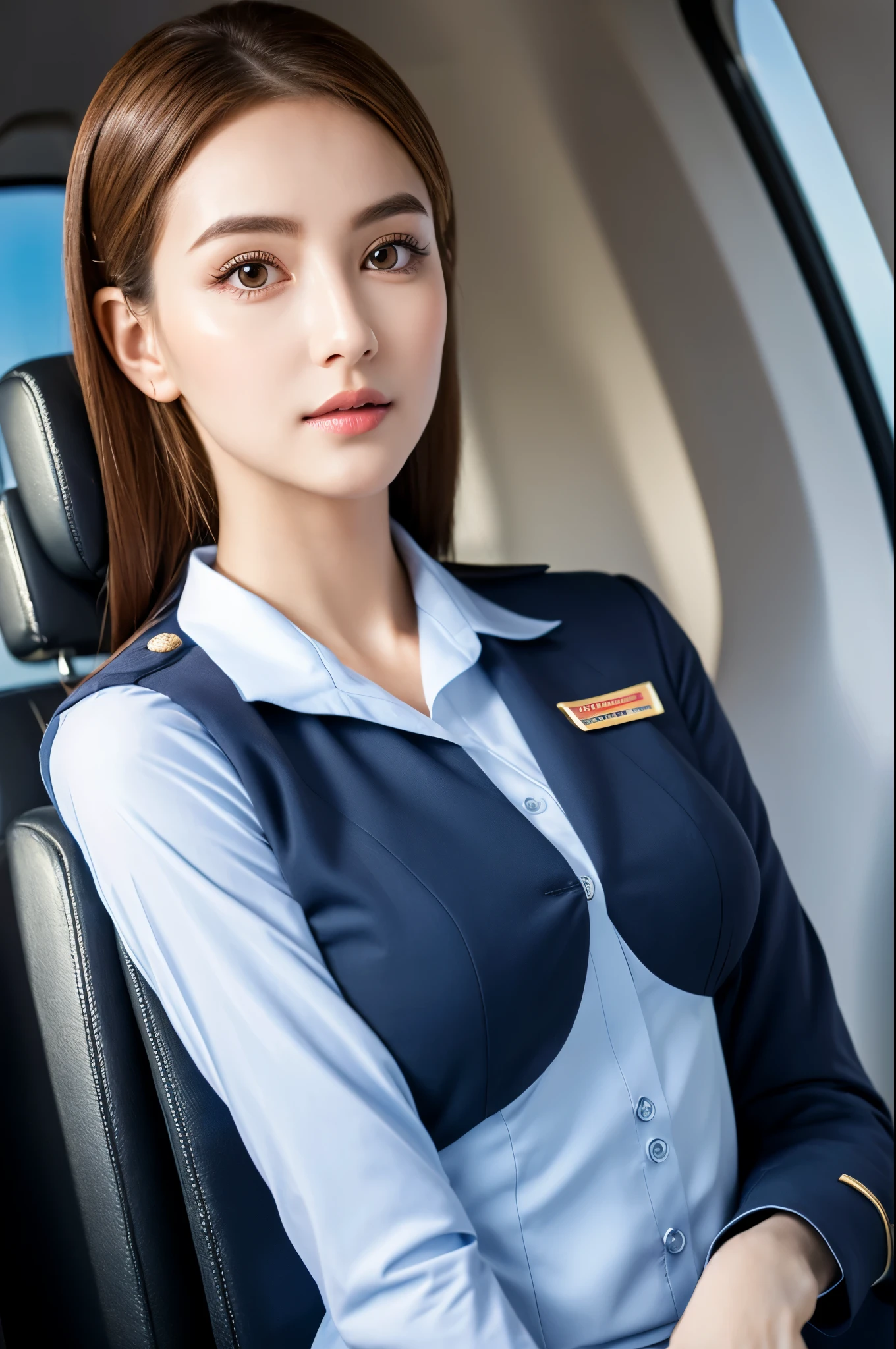 highest quality, masterpiece, 8K, ultra high resolution, (realistic: 1.4), 1 girl, beautiful face, symmetrical eyes, big, perfect body proportions, Stewardess, Viewer's line of sight, (On the plane: 1.2), beautiful feet,smile