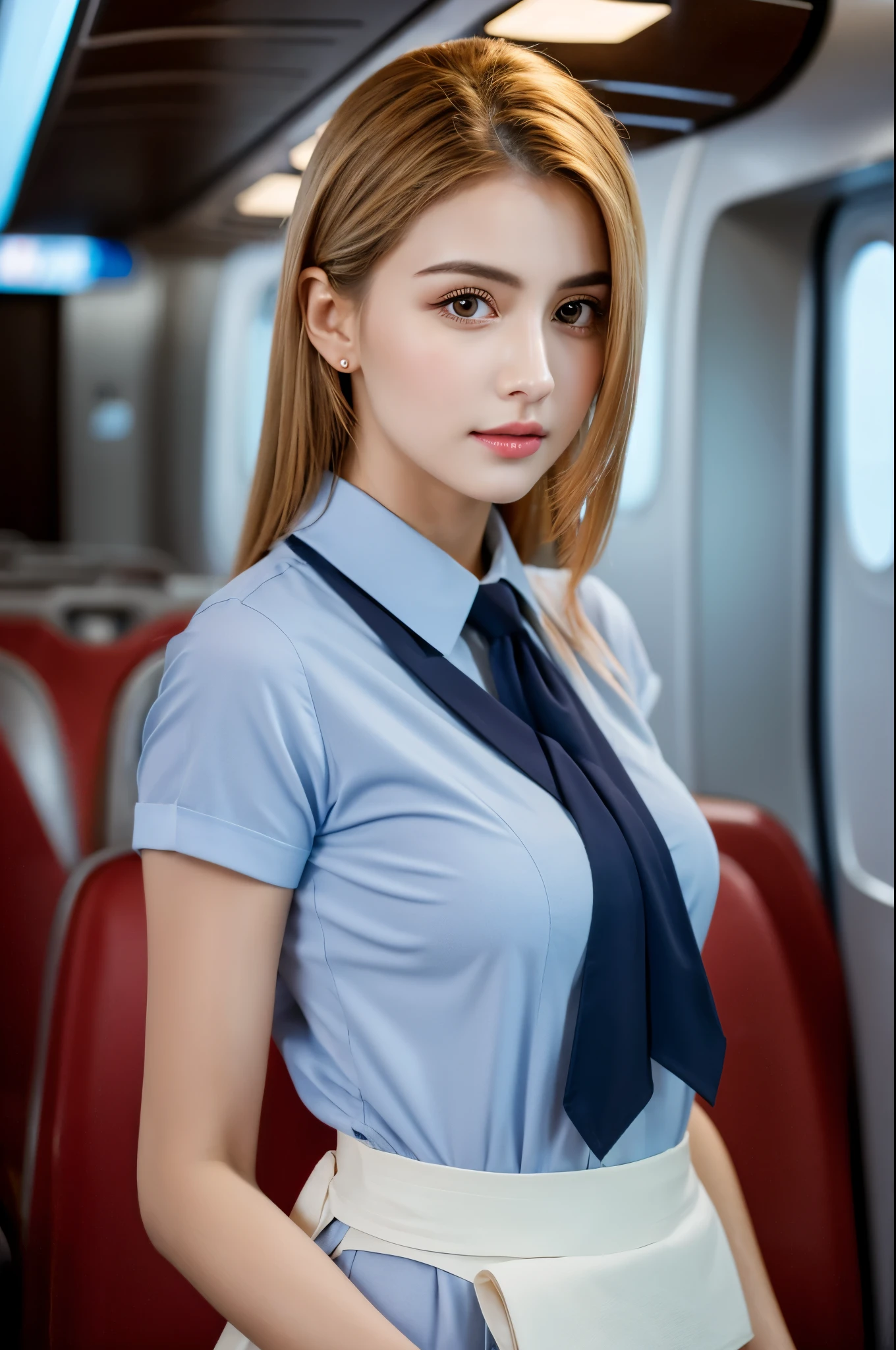 highest quality, masterpiece, 8K, ultra high resolution, (realistic: 1.4), 1 girl, beautiful face, symmetrical eyes, big, perfect body proportions, Stewardess, Viewer's line of sight, (On the plane: 1.2), beautiful feet,smile