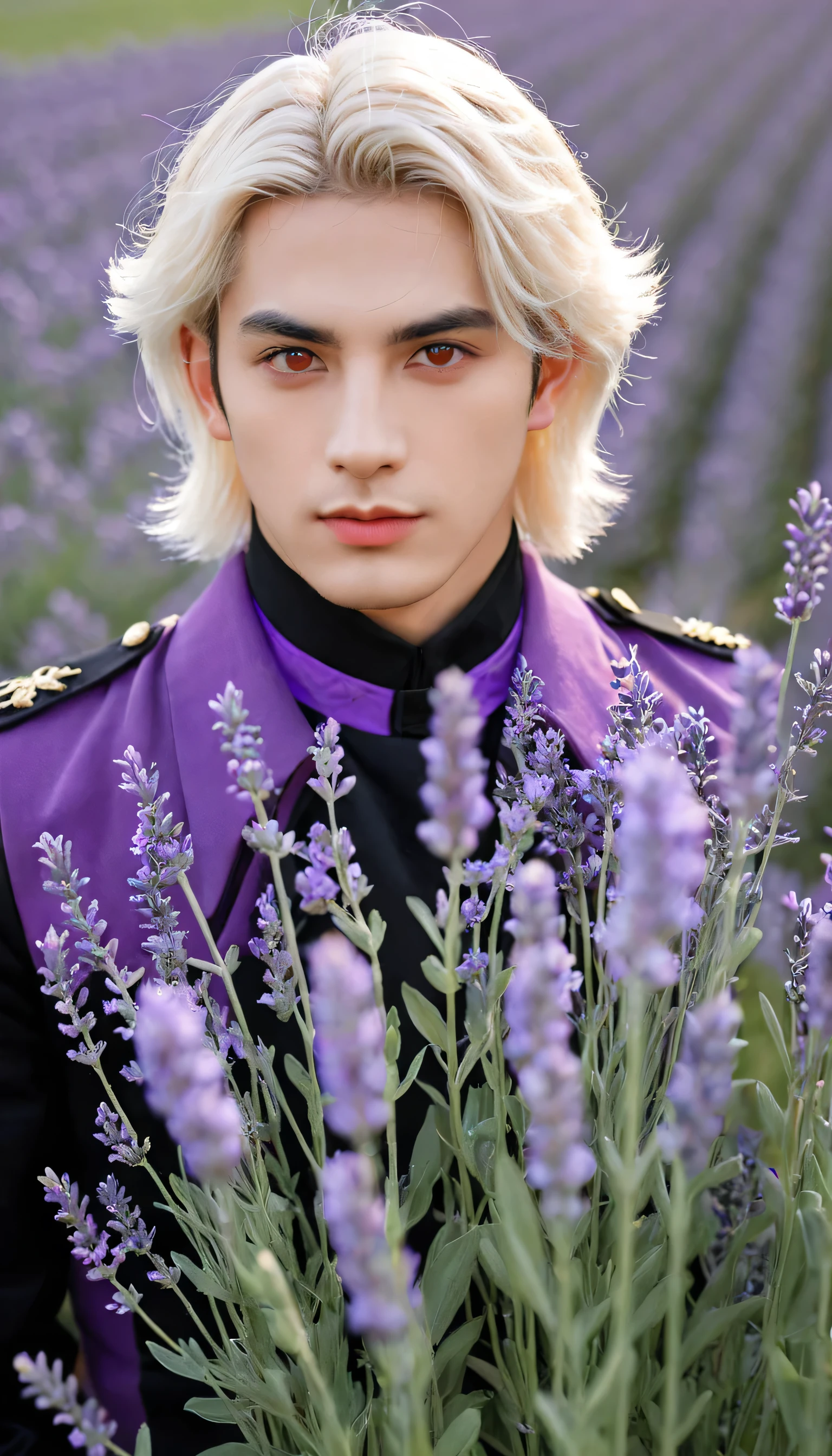 kaveh (genshin impact), 1 male, blond hair, red eyes, in lavender field with flowers