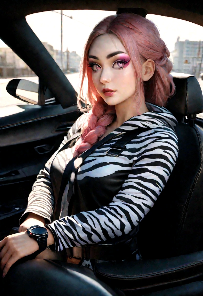 RAW photo, a 22-year-old- Girl, upper body, selfie in a Lamborghini, zebra print hoodie, (realistic) , (photo-realistic:1.5) , inside a car, driving, Whaling ship Tattoo, Belts, (Braided half-up half-down hair) , Pink hair, Smartwatch, (RAW photo, 8k uhd, film grain) , Sharp Eyeliner, Blush Eyeshadow With Thick Eyelashes, extremely delicate and beautiful, 8k, soft lighting, high quality, highres, sharp focus, extremely detailed, during the day, (sunlight on face) , beautiful detailed eyes, extremely detailed eyes and face, masterpiece, cinematic lighting, (high detailed skin:1.2) , 8k uhd, dslr, soft lighting, high quality, film grain, Fujifilm XT3,