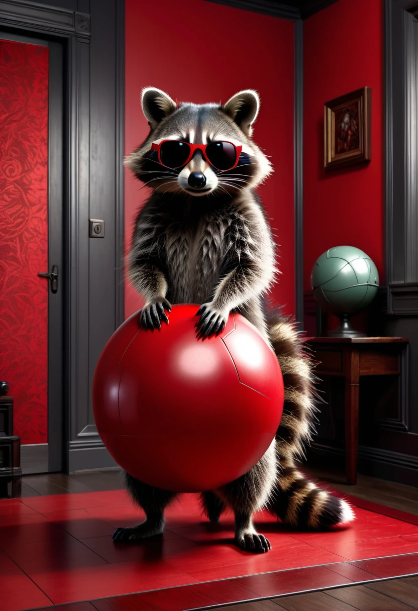 A realistic, detailed raccoon standing casually in his room, leaning on a large red ball, wearing sunglasses, gloomy Resident Evil style background, highly detailed, photorealistic, 8k, masterpiece