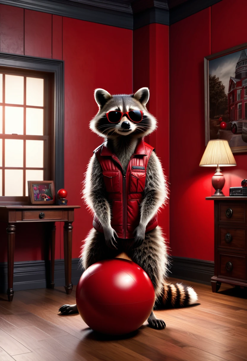 A realistic, detailed raccoon standing casually in his room, leaning on a large red ball, wearing sunglasses, gloomy Resident Evil style background, highly detailed, photorealistic, 8k, masterpiece