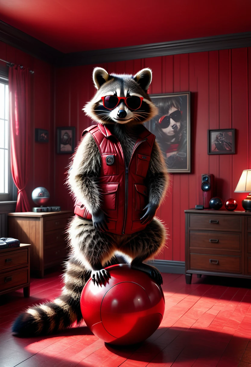 A realistic, detailed raccoon standing casually in his room, leaning on a large red ball, wearing sunglasses, gloomy Resident Evil style background, highly detailed, photorealistic, 8k, masterpiece