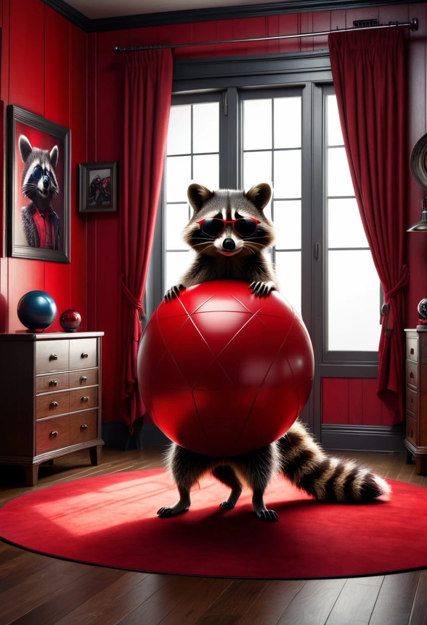 A realistic, detailed raccoon standing casually in his room, leaning on a large red ball, wearing sunglasses, gloomy Resident Evil style background, highly detailed, photorealistic, 8k, masterpiece