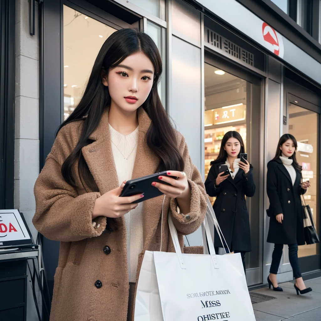 araffe Miss in a coat looking at her phone while walking down the street, Check her phone, Check her phone, She holds a smartphone, scanning items with smartphone, Miss, a young asian Miss, In the surroundings, shutter, young asian Miss, Hot ,, author:Joe Bowler, Exit the store, customer, chinese Miss, author:Matt Cavotta