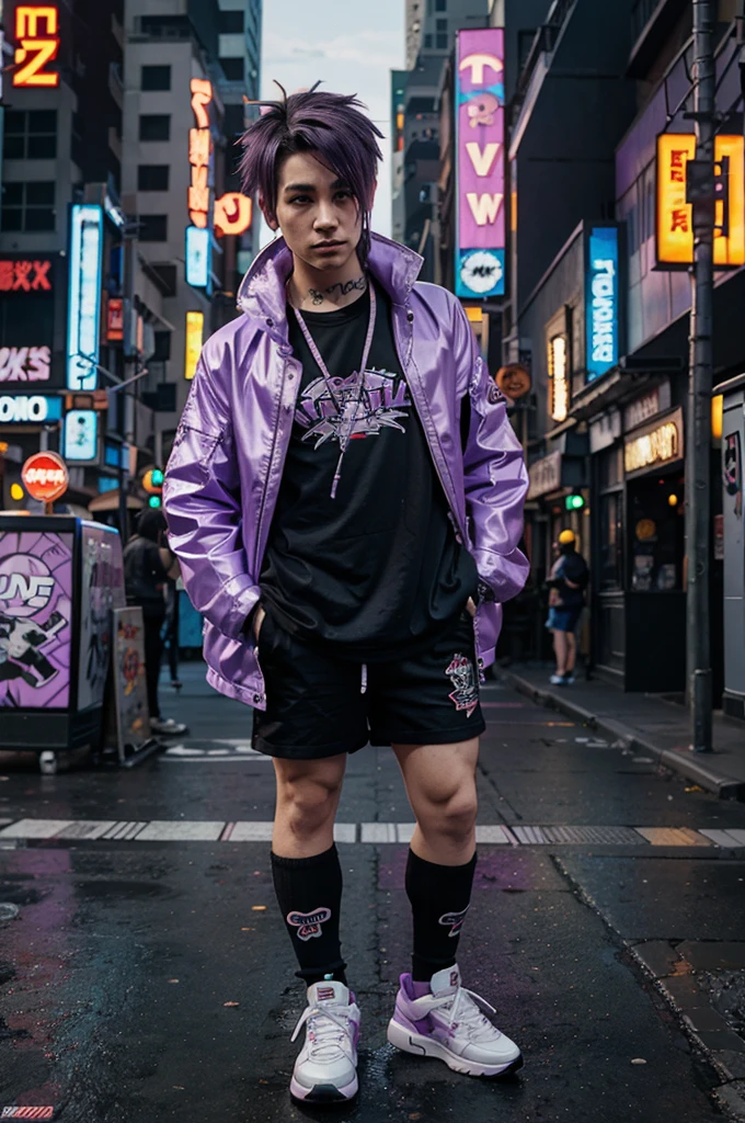 funko pop style man with purple hair,anime and cyberpunk style