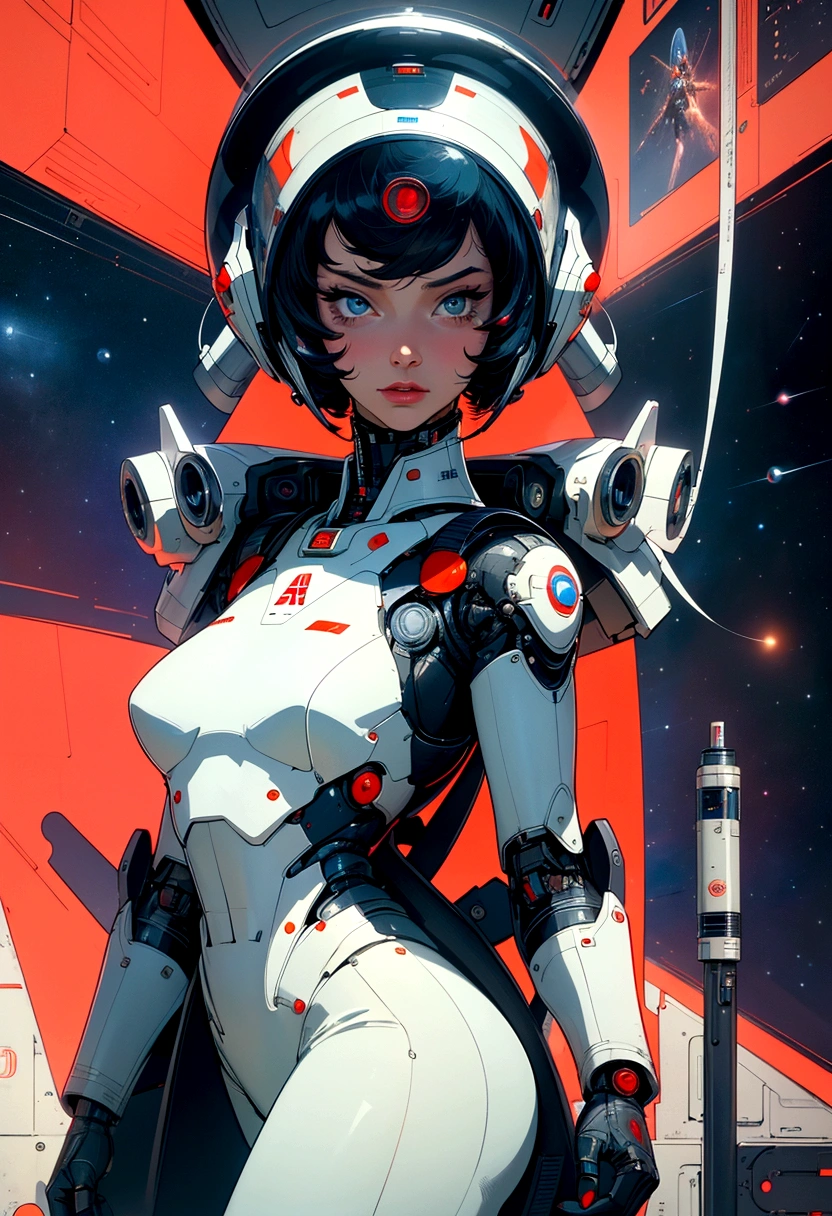 (Masterpiece, Best Quality), 8k Wallpaper, highly detailed, poster, vintage science fiction, 1960s, sexy female, robot, space thriller cinematic movie poster, Bauhaus, shapes, lines, abstract, propaganda, mid century modern, movie poster, vintage,