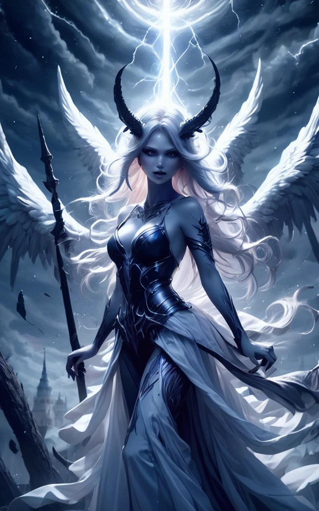Full body shot, Demoness, busty, ((highest quality)),(ultra high resolution),(Super detailed),(detailed description),((best CG)),(best work of art),super precision art,amazing drawing art,(Fantasy art with intricate detail:1.5), A spear of light that pierces heaven and earth,Lightning emanating from the aurora cuts through the night sky,Angels blowing the trumpets of the end