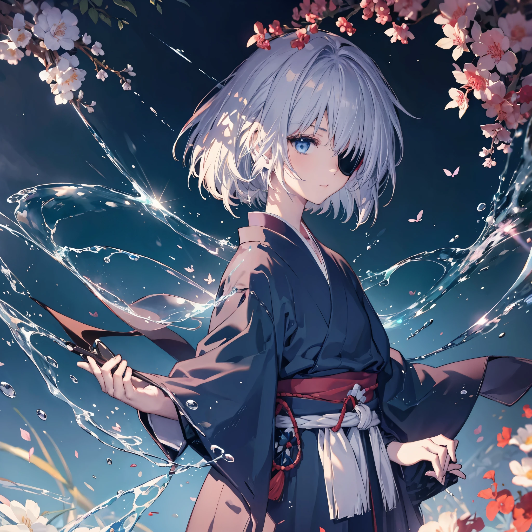(((1 person Put on an eye patch Gray Hair))) ((High resolution short hair Black kimono Red point Shoulder Rin々Funny face knifeを構える)) ((Black Band samurai Lonely despair blue eyes Close-up)) ((Blue Butterfly night Japanese style old Shining Aura garden water surface Catch the wind)) (dance 日本knife knife Slashing) 月night moonlight star Draw your sword Shining Background Shining Edge